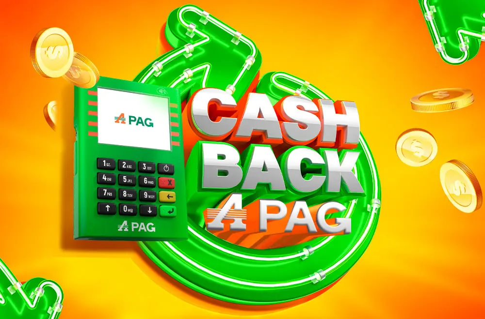 Fundo laranja, escrito Cashback APAG, uma seta verde com um neon ao fundo e a maquininha de cartão APAG na lateral direita.